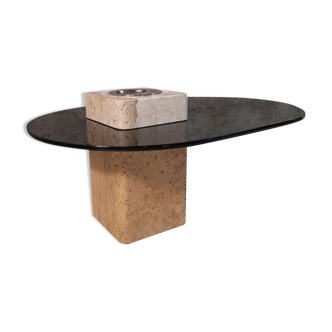 Table basse avec plateau travertin et verre vintage
