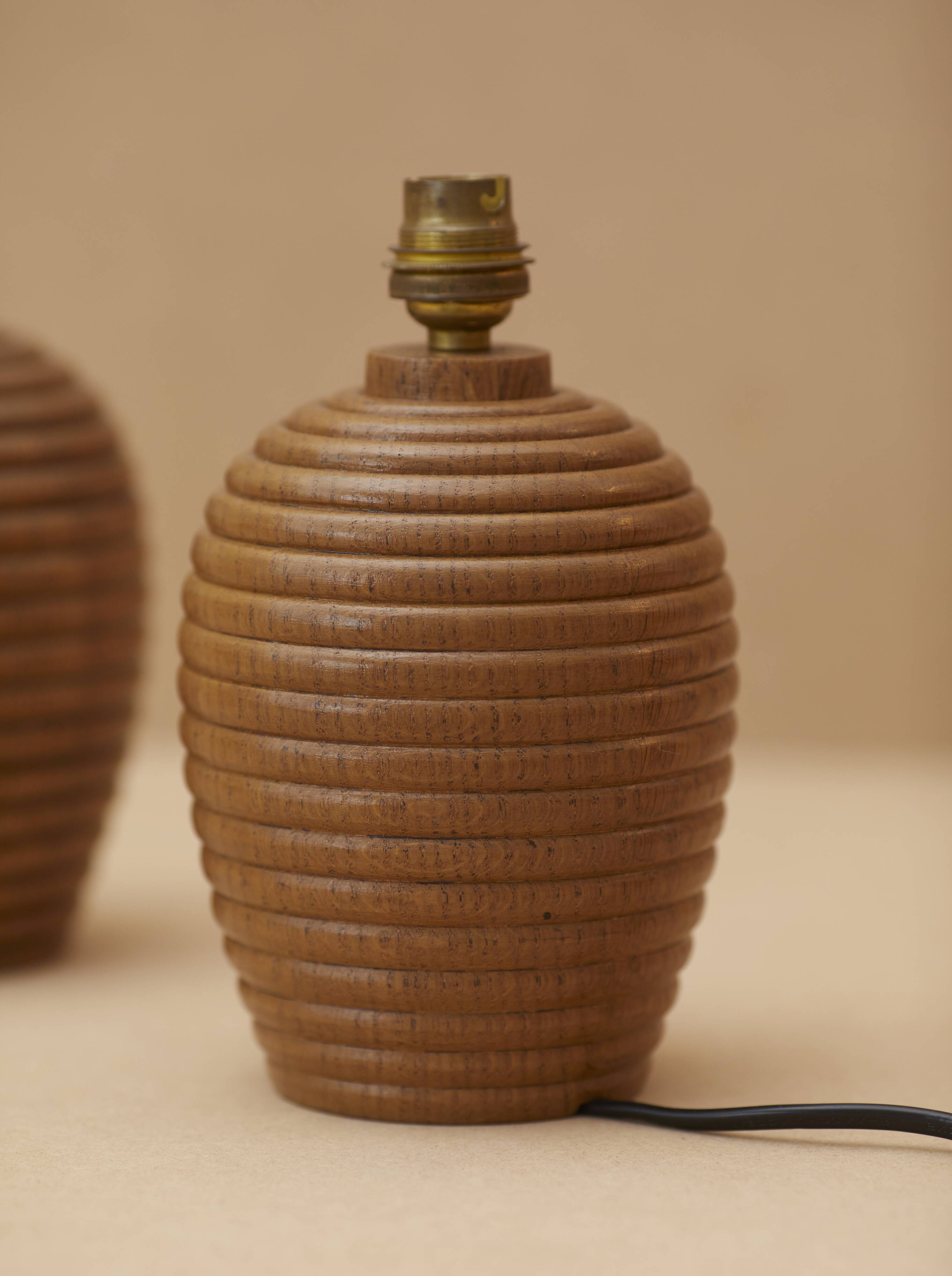 Pair of solid wood lamp bases (oak) turned vintage circa 1960