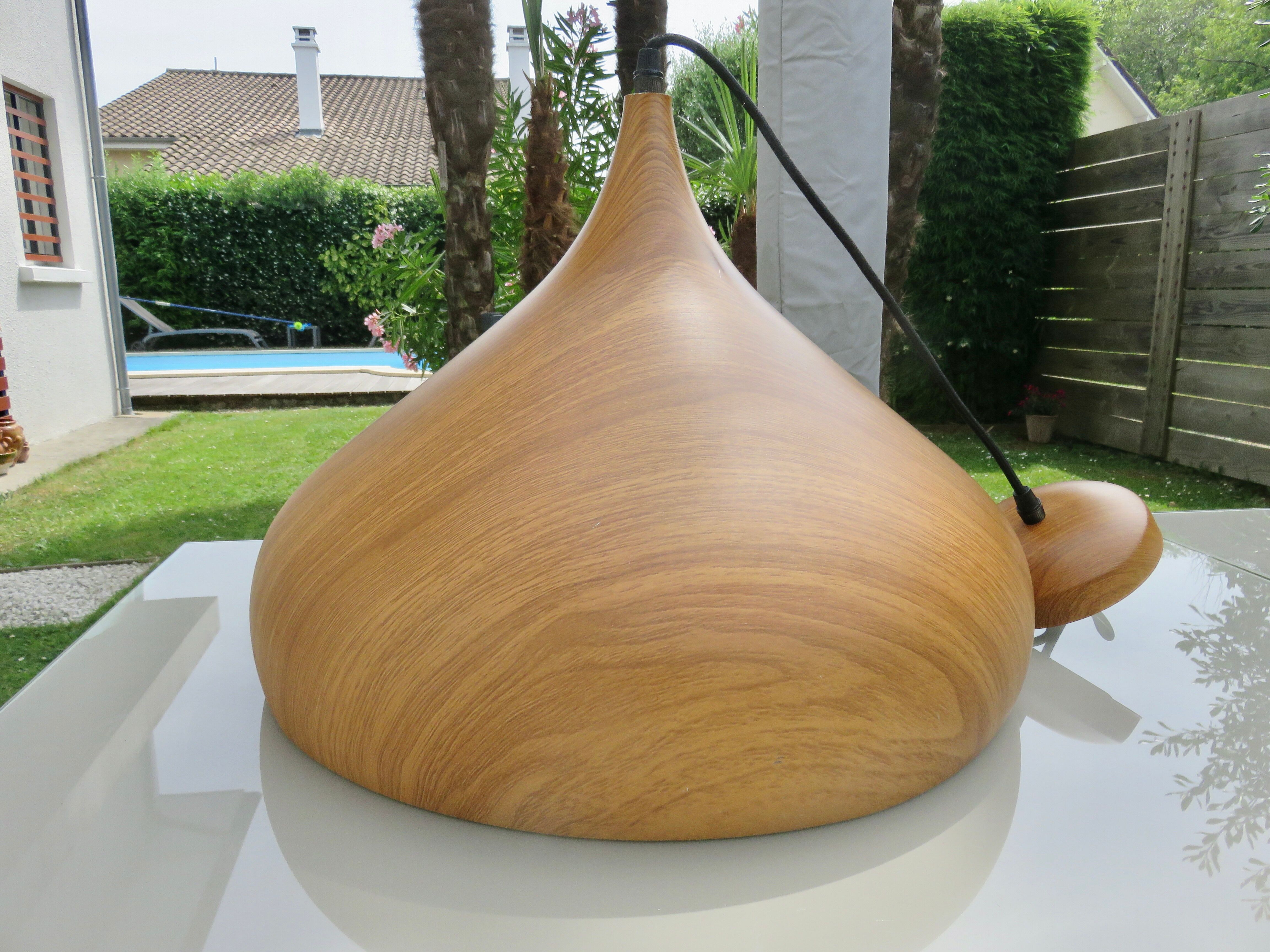 Scandinavian metal pendant light with a faux wood finish, 1980s.