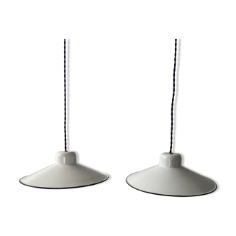 Lot 2 white enamelled vintage pendant lamps