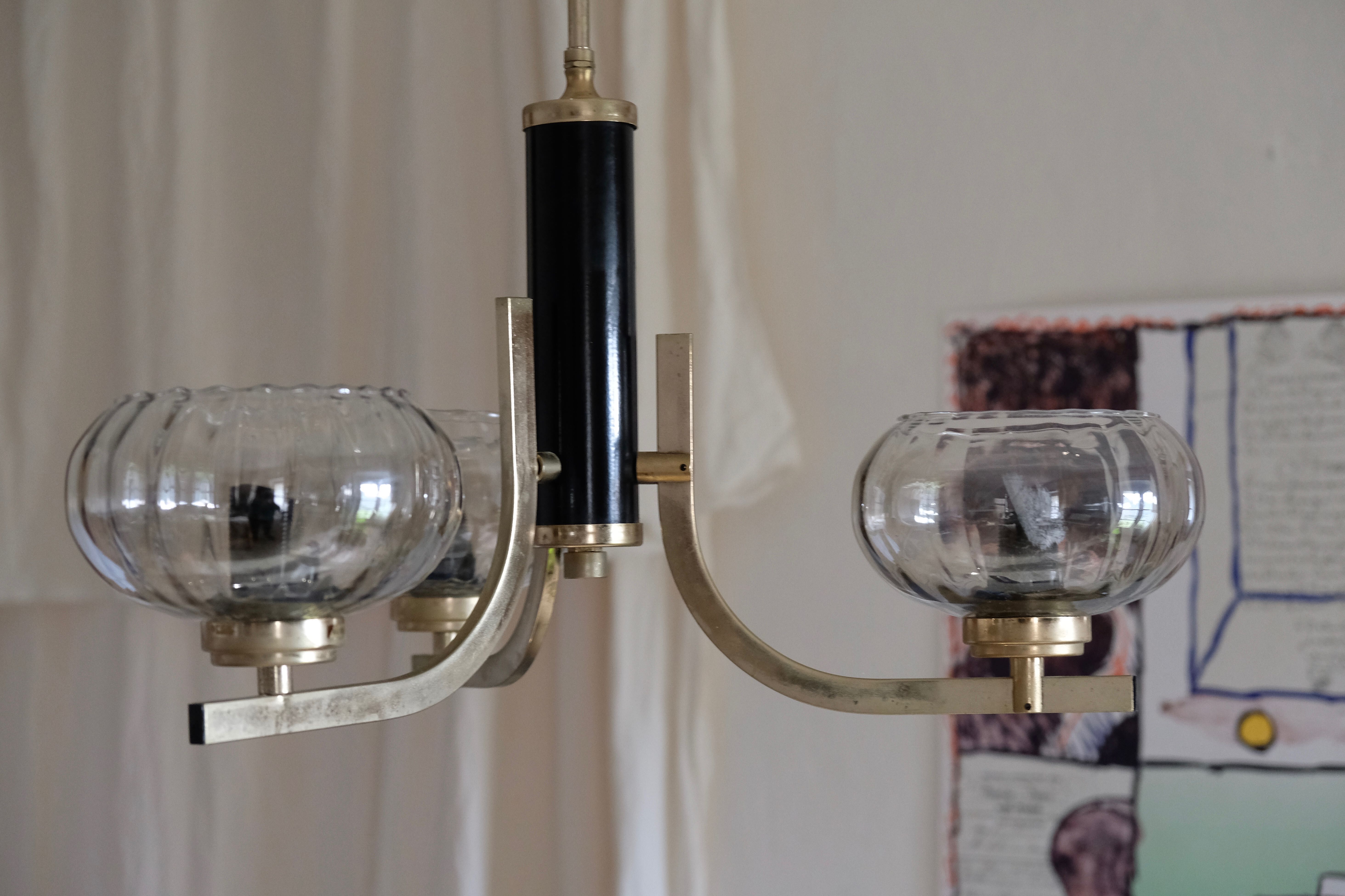 Smoky glass, brass and steel ceiling light