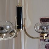 Lustre plafonnier en verre fumé laiton et acier années 50