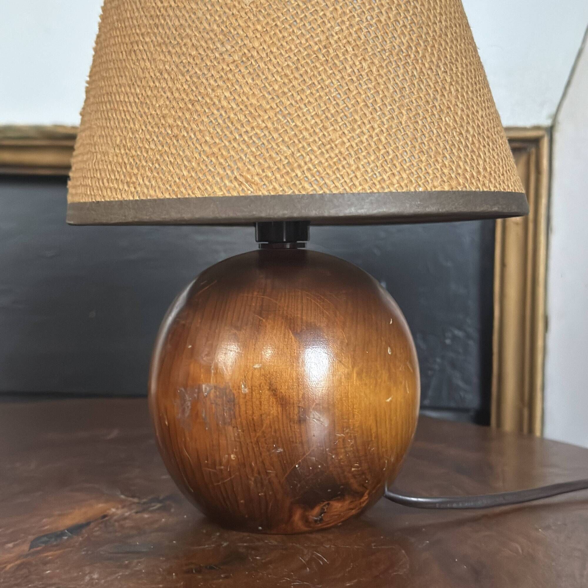 Pair of vintage brutalist wooden bedside lamps 1950