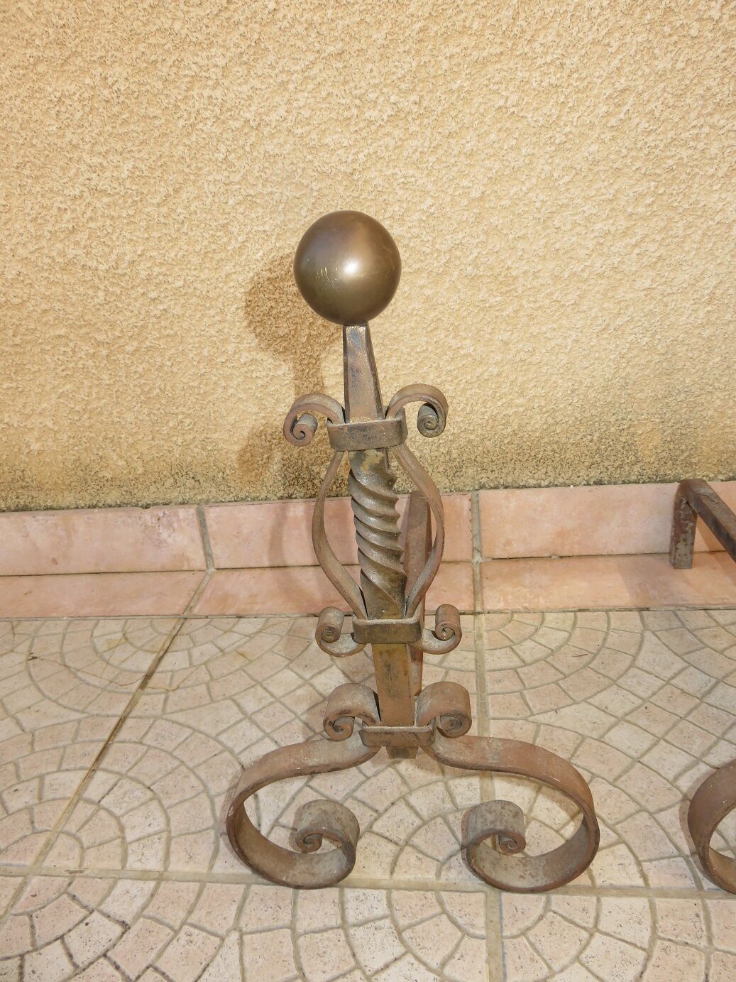 Andirons cast iron and brass ball