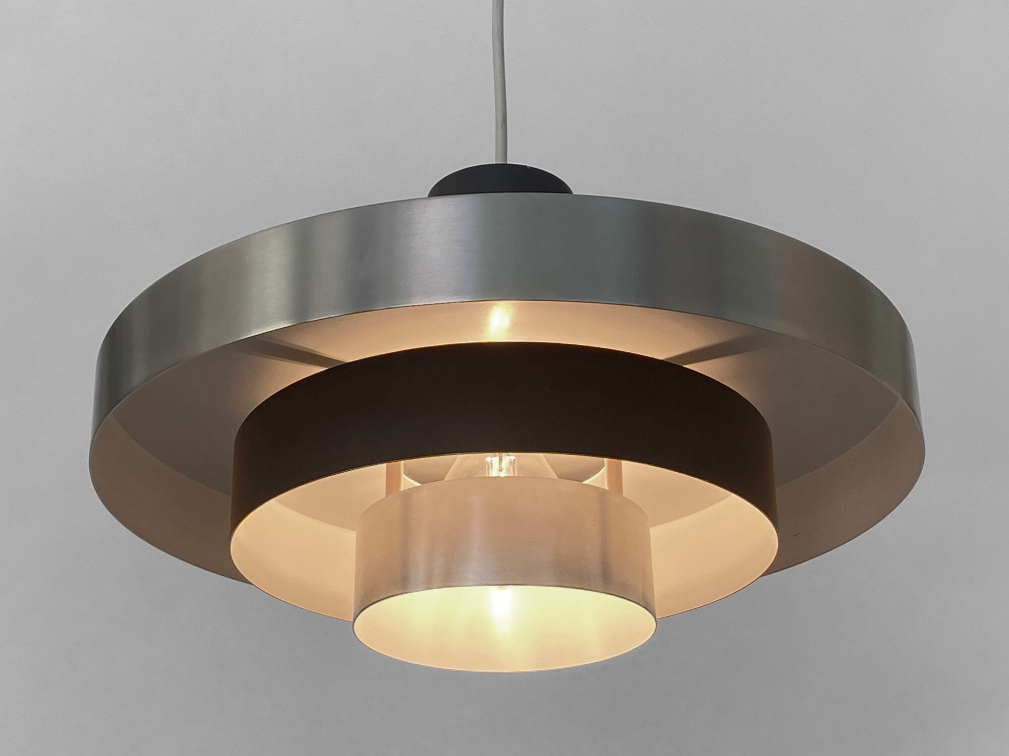 Layered pendant light in brushed aluminum. Denmark 1960s