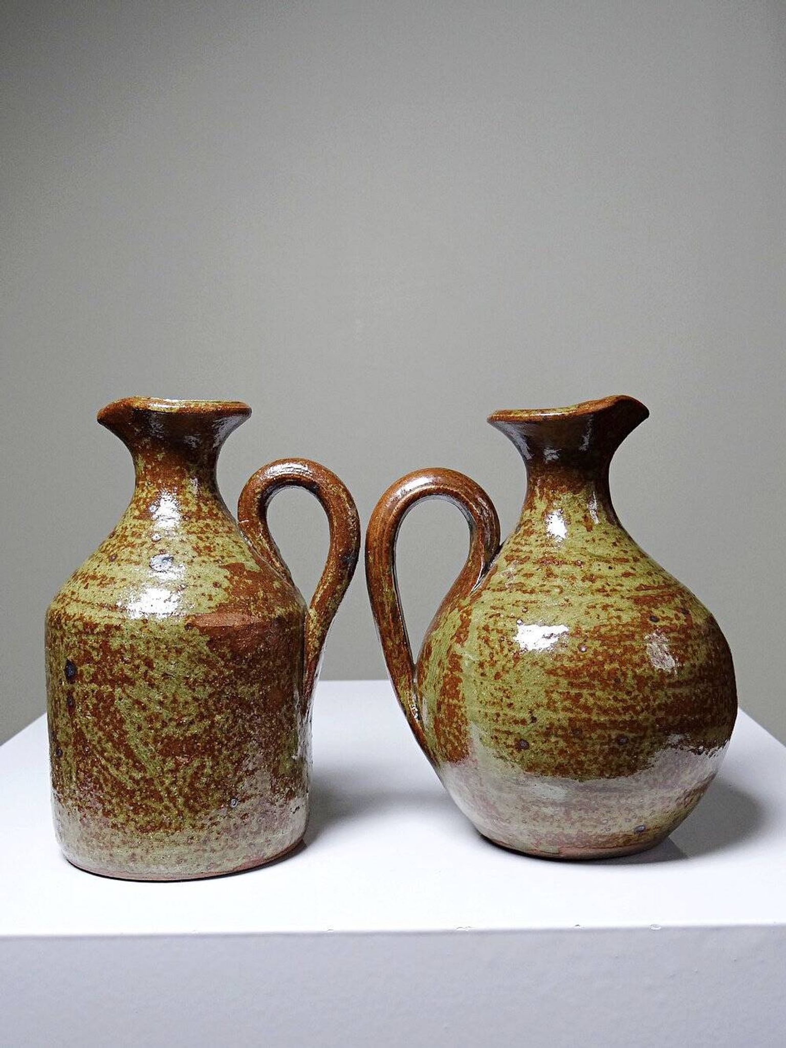 Vintage condiment service in glazed pyrite stoneware, artisanal Baudat La Borne style.