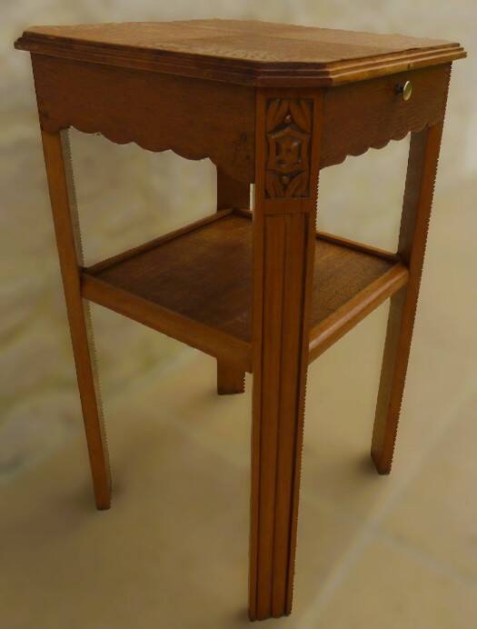 Small art deco style piece of furniture with one drawer and one shelf