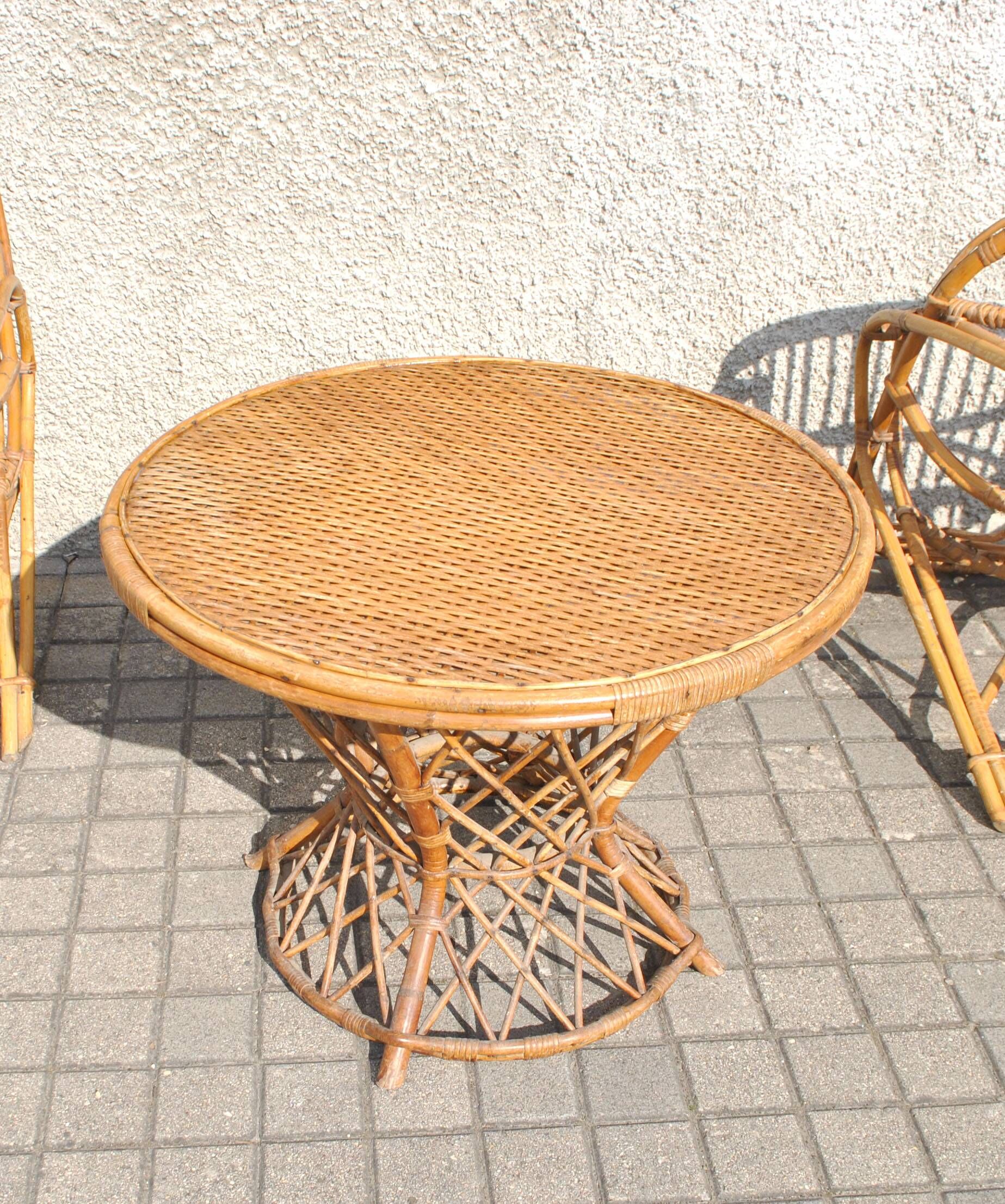 Vintage balcony garden furniture armchairs and table bamboo and rattan 1960