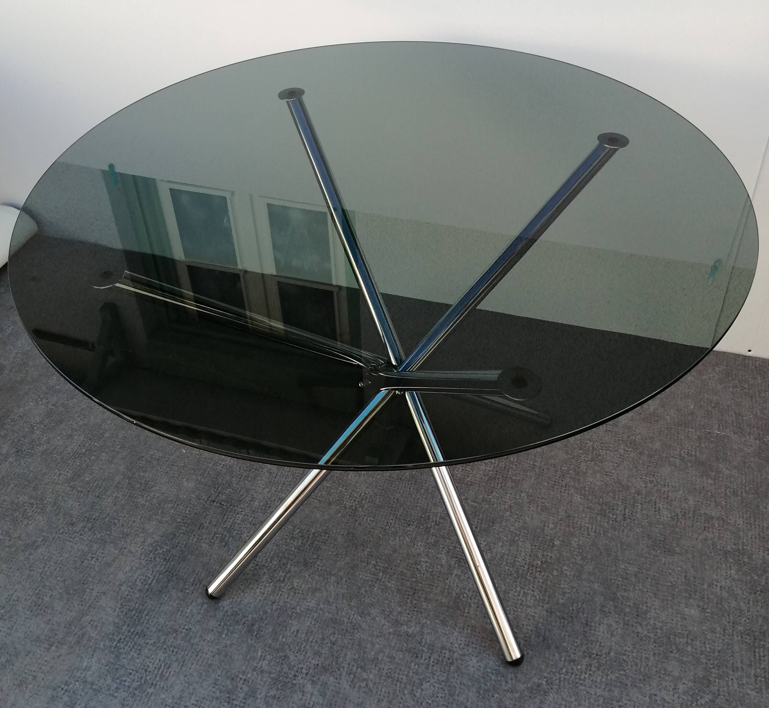Designer smoked glass table, chrome Mikado base, vintage 1970