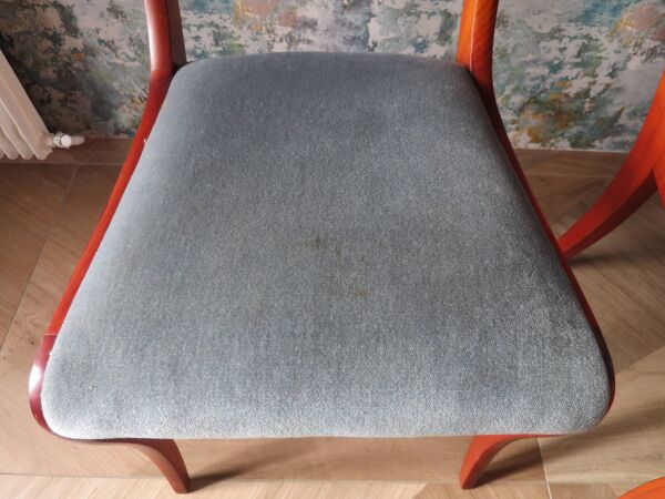 Rare- Lot de 4 chaises style Louis Philippe/restauration avec médaillon - Coloris bleu / merisier