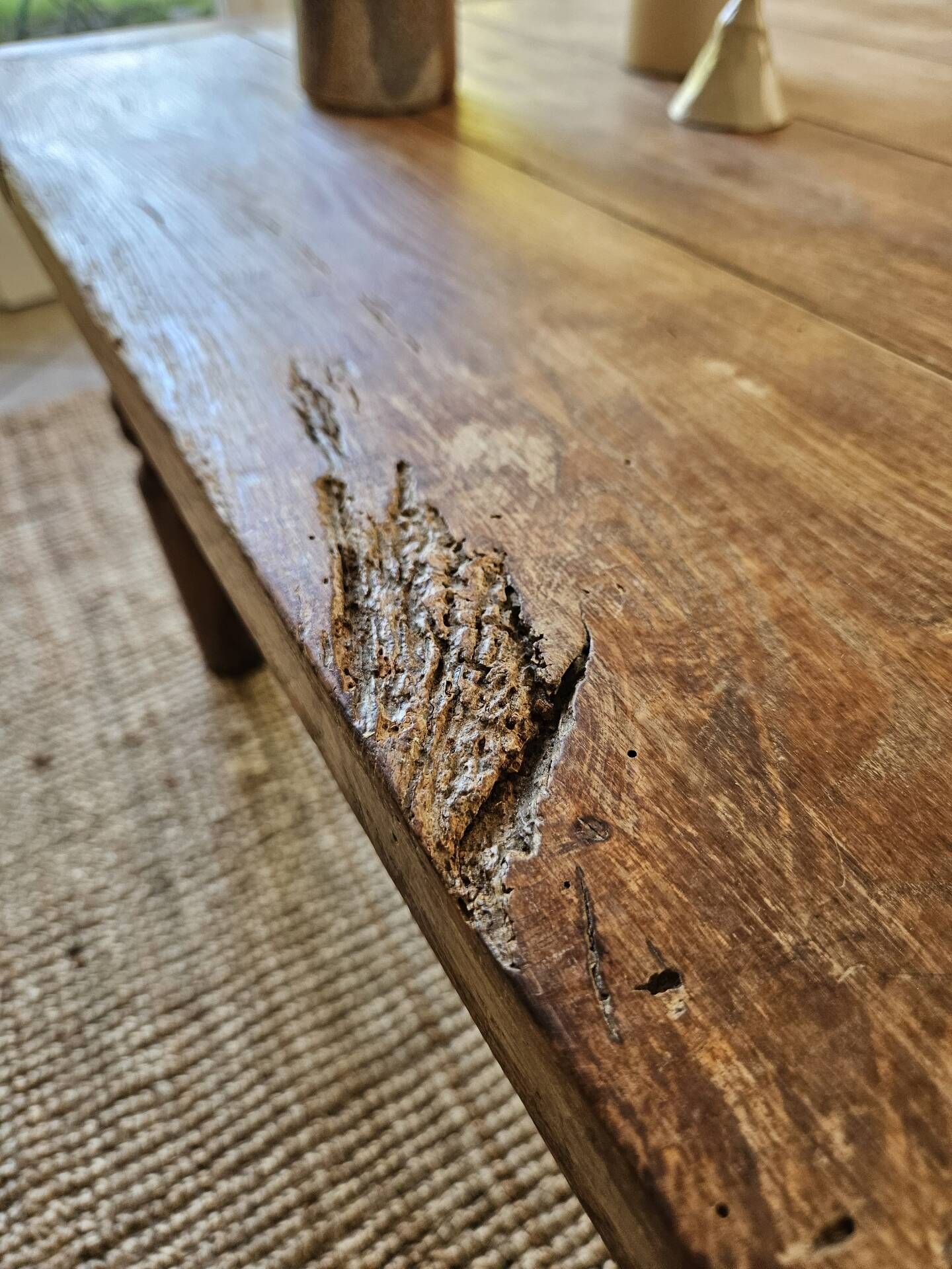 XXL coffee table in solid raw elm wood with 2 drawers, rustic antique.
