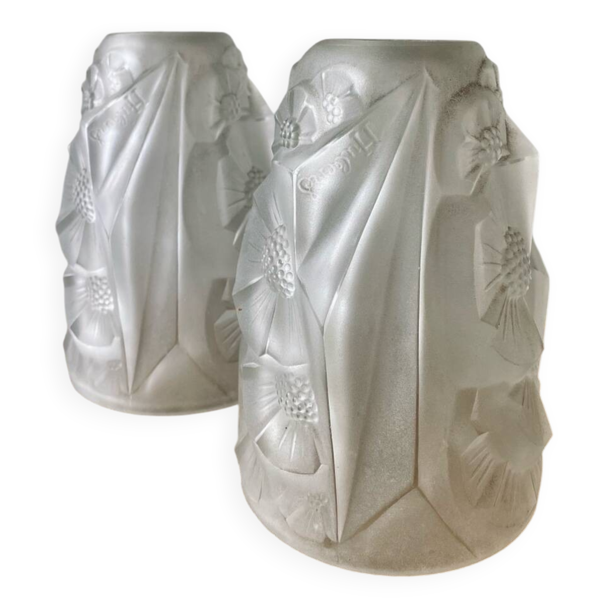 Pair of Art Deco lampshades in frosted glass signed Hubens