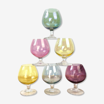 6 verres à cognac multicolores vintage