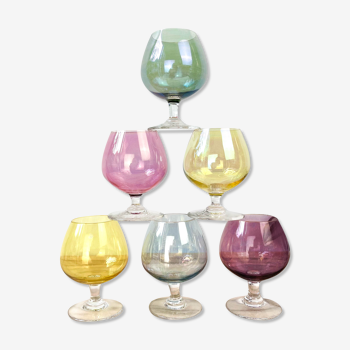 6 vintage multicolored cognac glasses