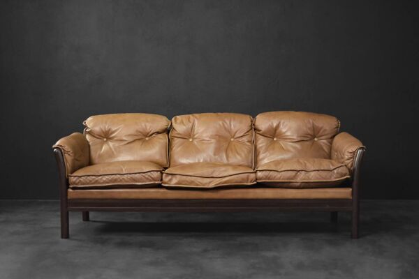 Vintage Mid-Century Danish Modern Cognac Leather 3-Seater Sofa, 1960s