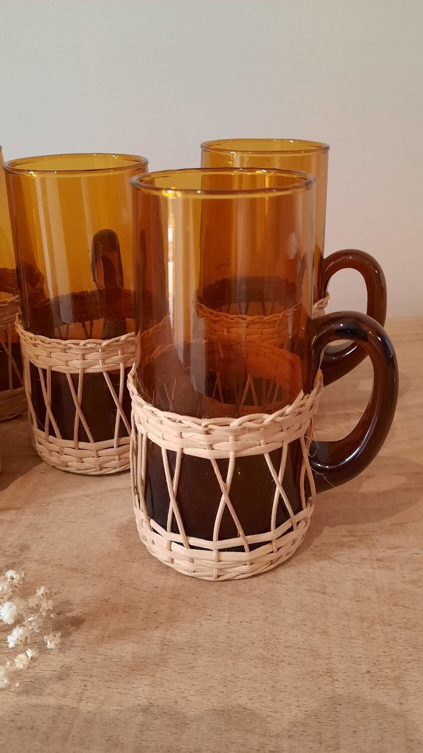 Vintage amber wicker glasses