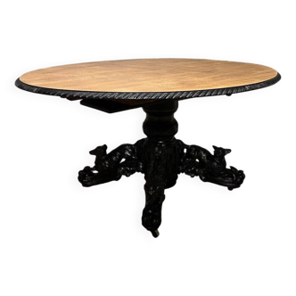 Large oval oak hunting table with central leg and extensions