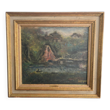 Peinture Tableau Huile Toile Paysage Moulin Rivière Isidore-Marie Peyret
