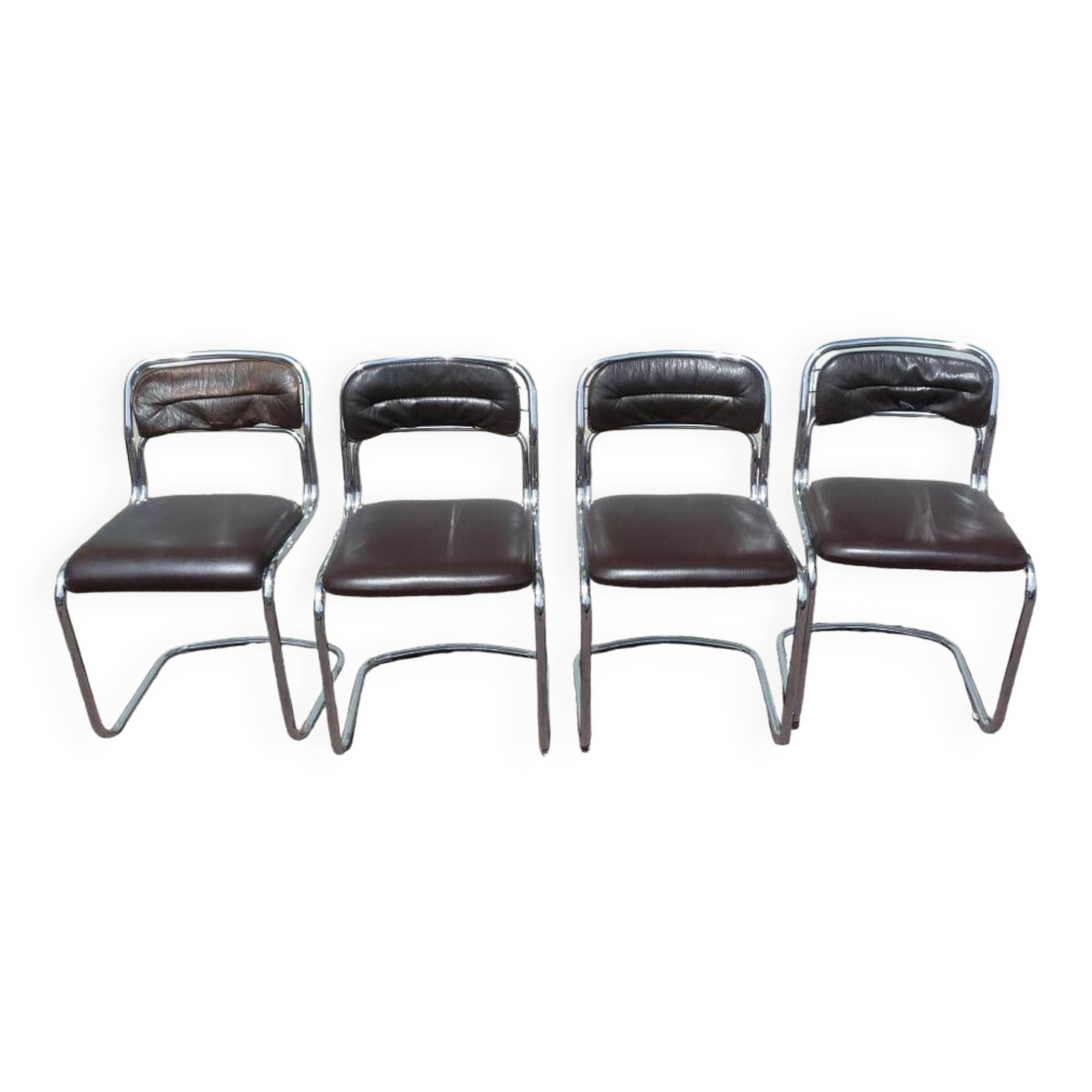 Set of 4 chrome metal and vintage leather chairs