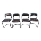 Set of 4 chrome metal and vintage leather chairs