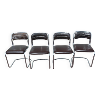 set of 4 chrome sled chairs - leather - vintage