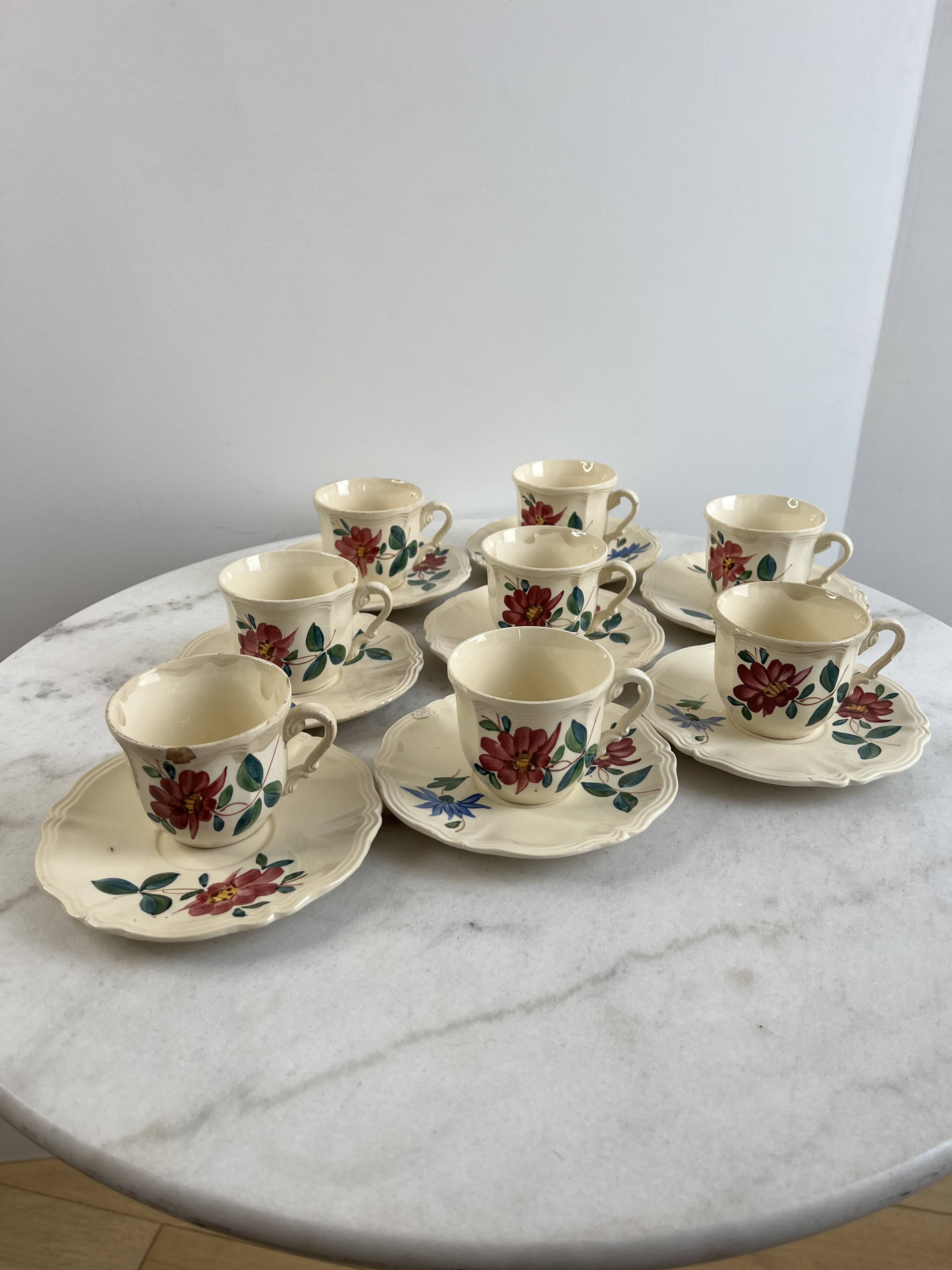 Set of 8 hand-painted coffee cups Sarreguemines Terre de fer