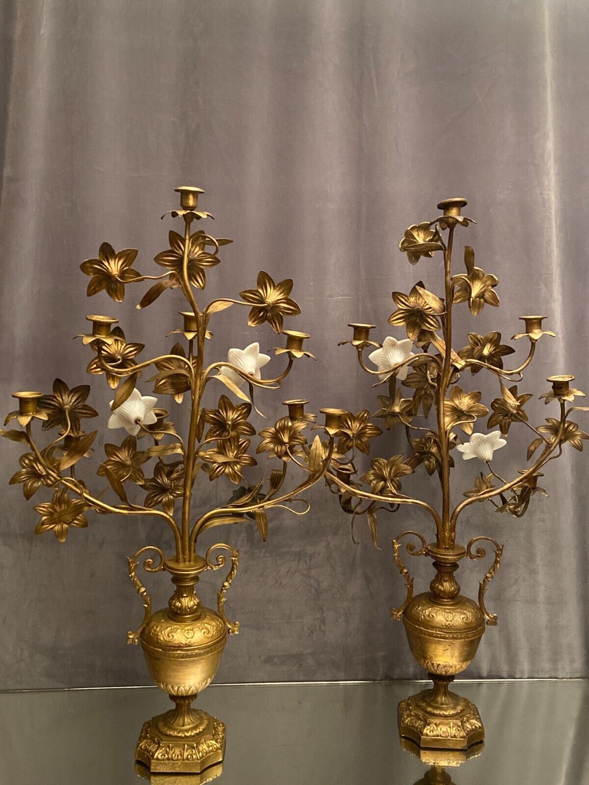 Pair of church candlesticks decorated with brass and opaline flowers nineteenth