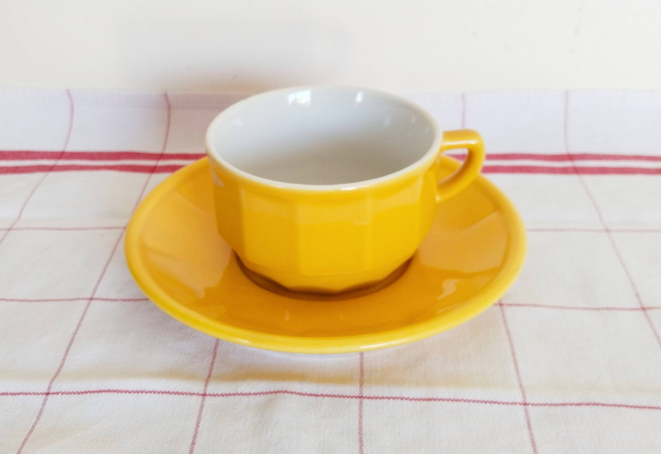 Apilco yellow and white porcelain chocolate cup and saucers