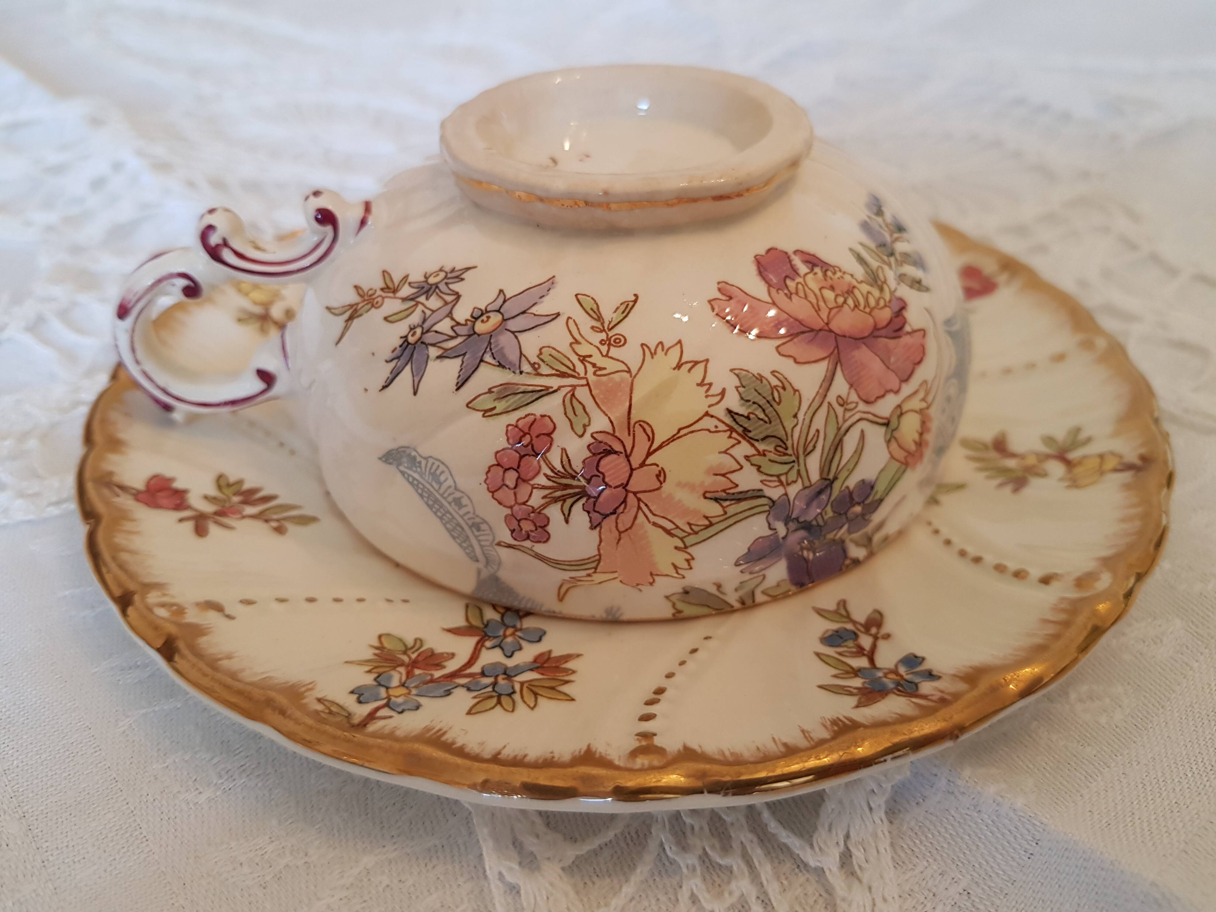 Rare 19th century cup and saucer, Sarreguemines earthenware, Louis XV model