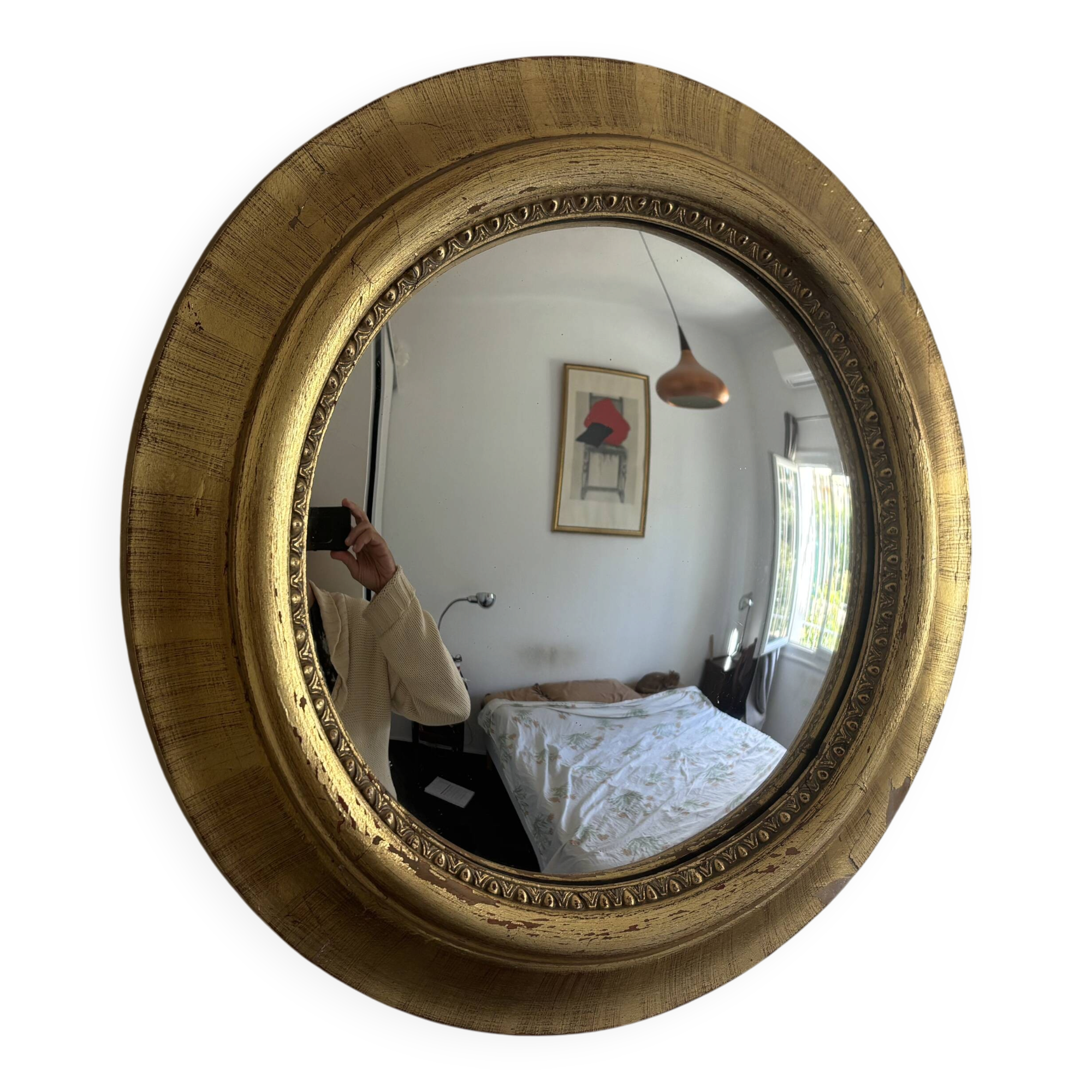 Vintage 1970s sun mirror witch's eye wood and gold - 42 cm