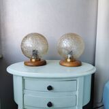 Lumières de table bois avec capot en verre doré années 70
