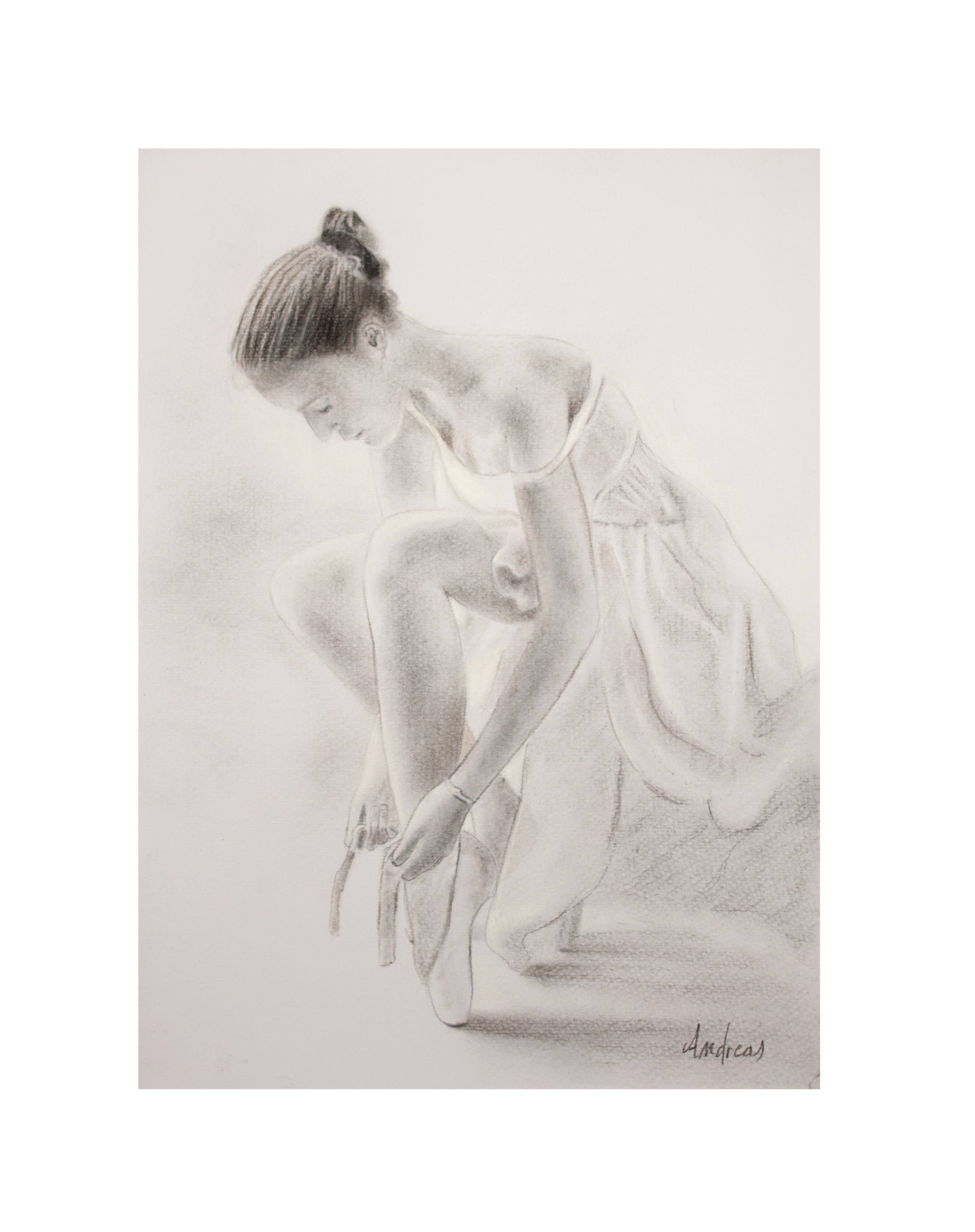 Charcoal drawing representing a seated dancer. Dancer painting.