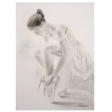 Charcoal drawing representing a seated dancer. Dancer painting.