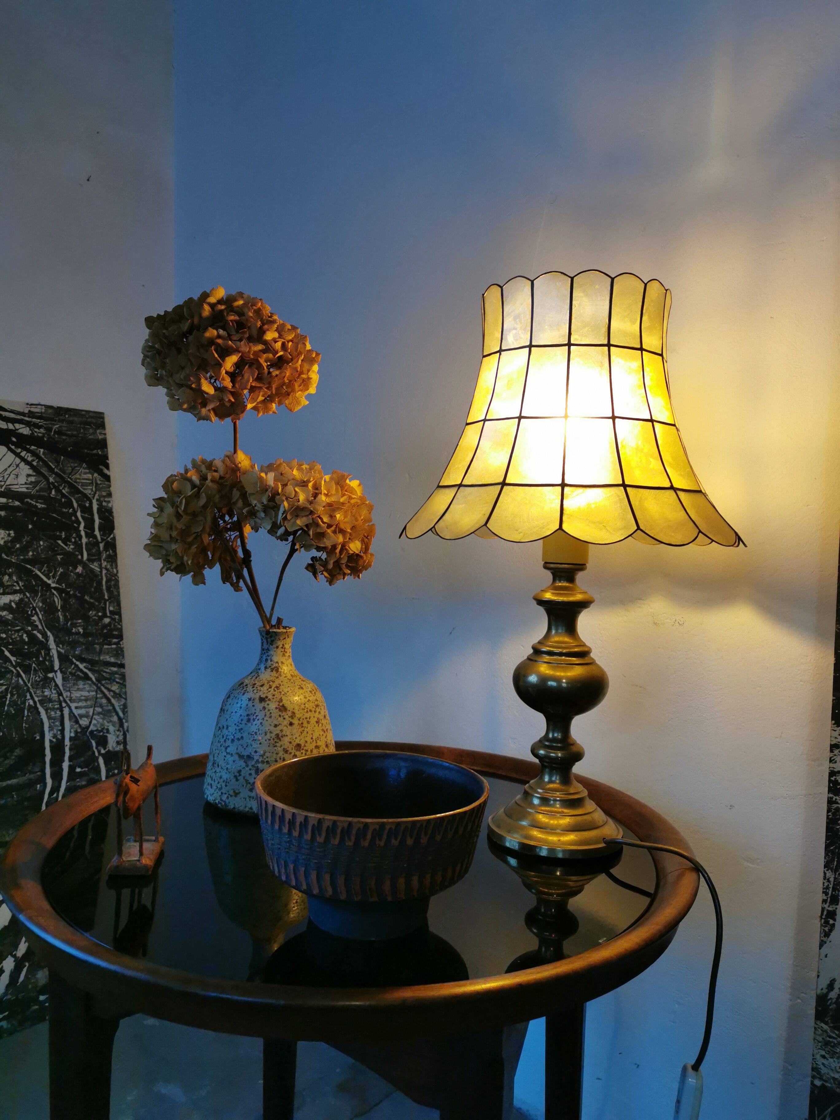 Brass lamp and mother-of-pearl lampshade circa 1970/80