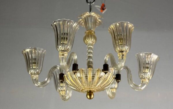 Lustre vénitien en verre de Murano doré et à reticello, 6 bras de lumière vers 1950