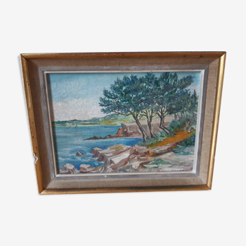Small oil on old canvas, signed, Breton landscape, framed.