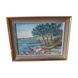 Small oil on old canvas, signed, Breton landscape, framed.