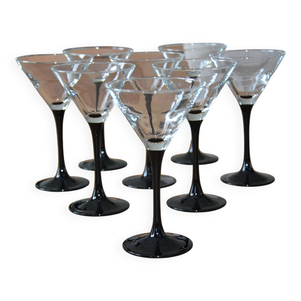 8 verres à cocktail/martini pieds noirs vintage