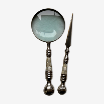 Magnifying glass set and letter opens in silver metal and mother-of-pearl