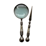 Magnifying glass set and letter opens in silver metal and mother-of-pearl