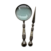 Ensemble de loupe et ouvre lettre en métal argenté et nacre