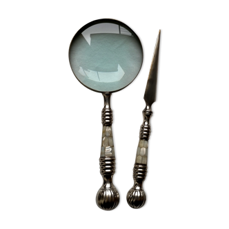 Magnifying glass set and letter opens in silver metal and mother-of-pearl