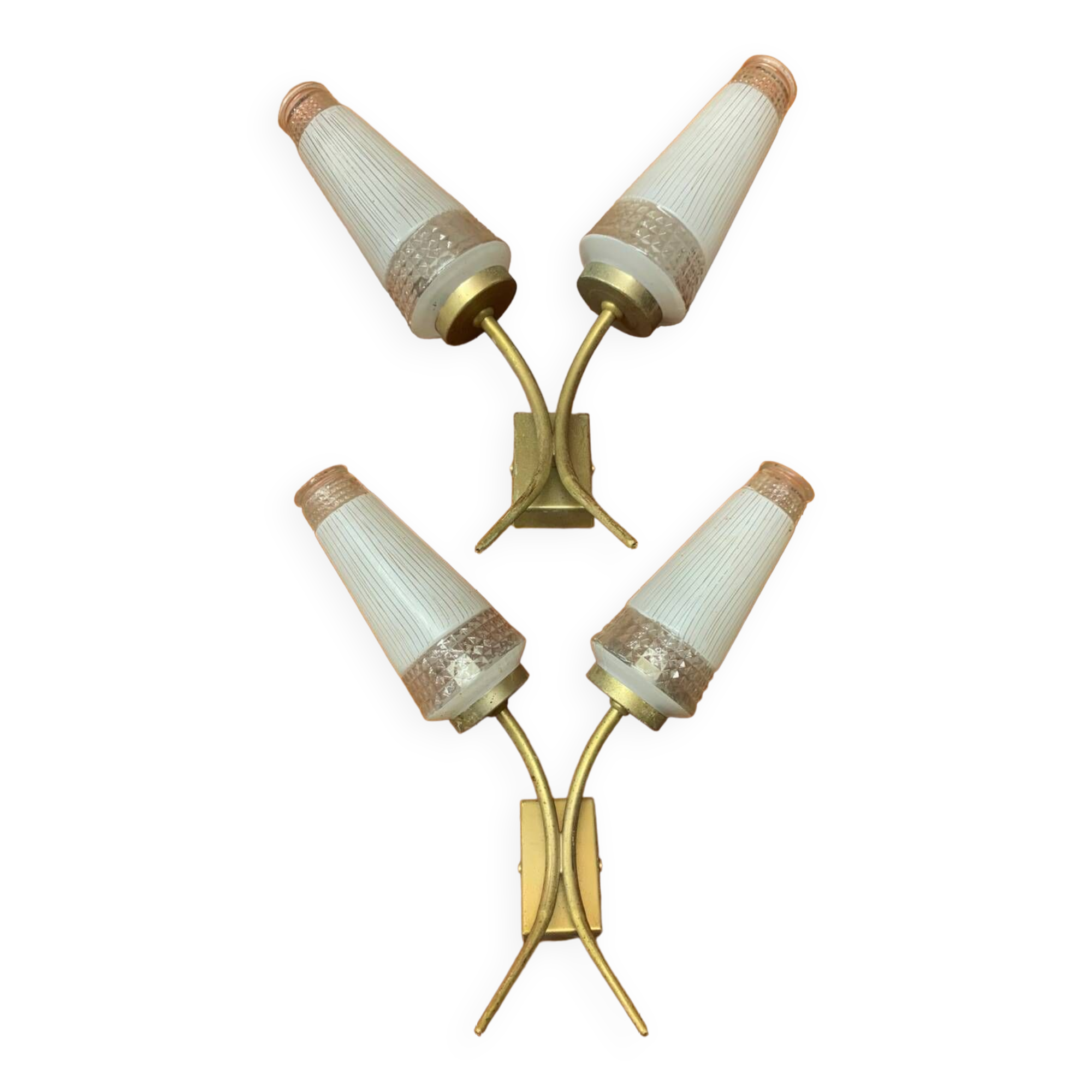 Pairs of brass sconces, ear-shaped tulips in opaline glass from the 1950s