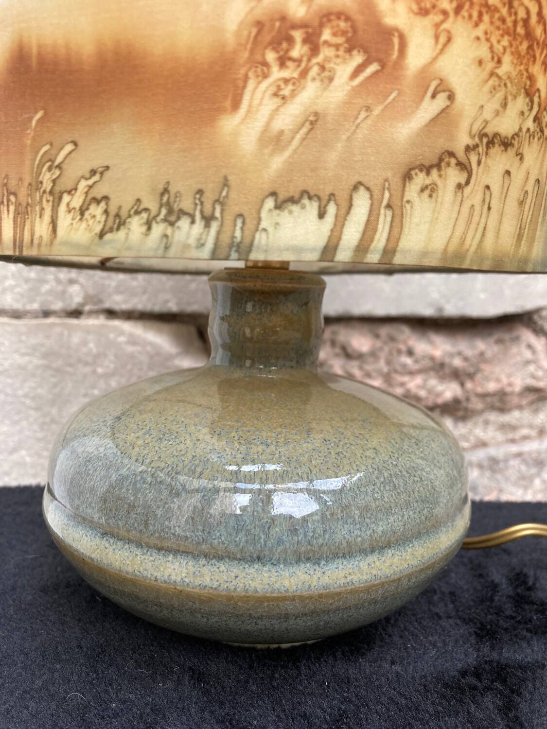 Vintage enamelled stoneware lamp with silk lampshade