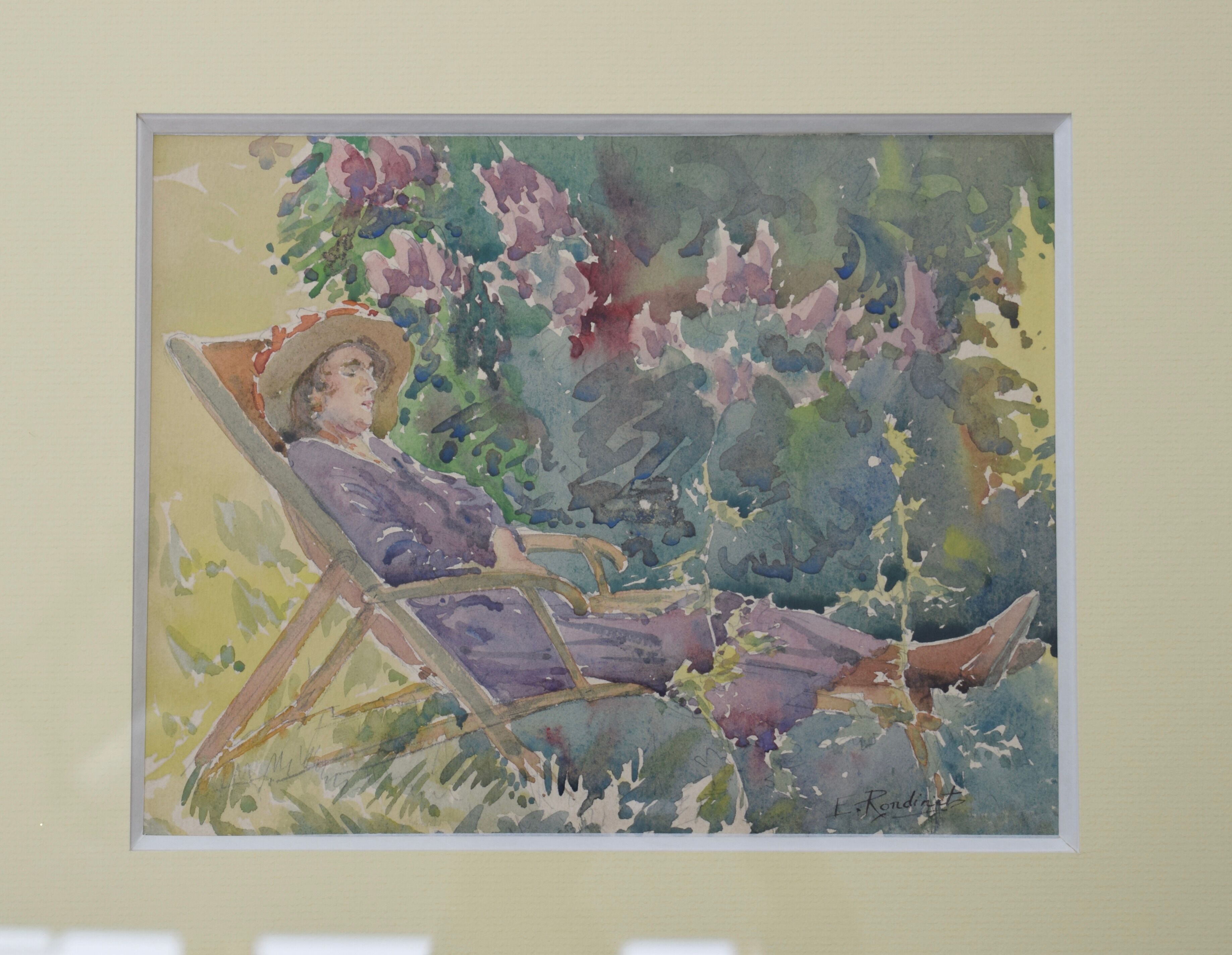 Watercolor Signed Emile Rondinet, woman resting in a Framed Garden