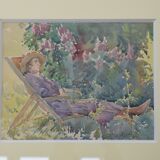 Watercolor Signed Emile Rondinet, woman resting in a Framed Garden