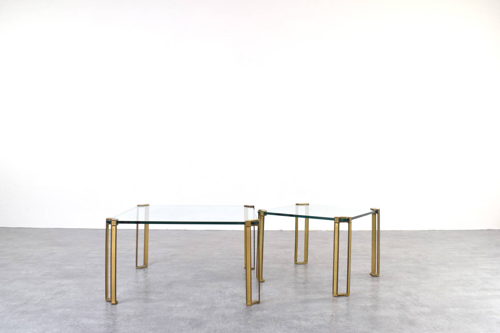 Hollywood Regency Brass and Glass Coffee Tables by Peter Ghyczy, 1970s, 2pc