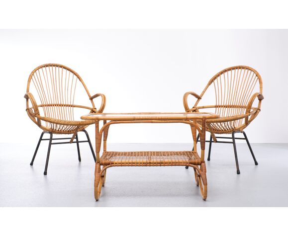 Set de fauteuils et table basse en rotin Rohé Noorwolde 1955
