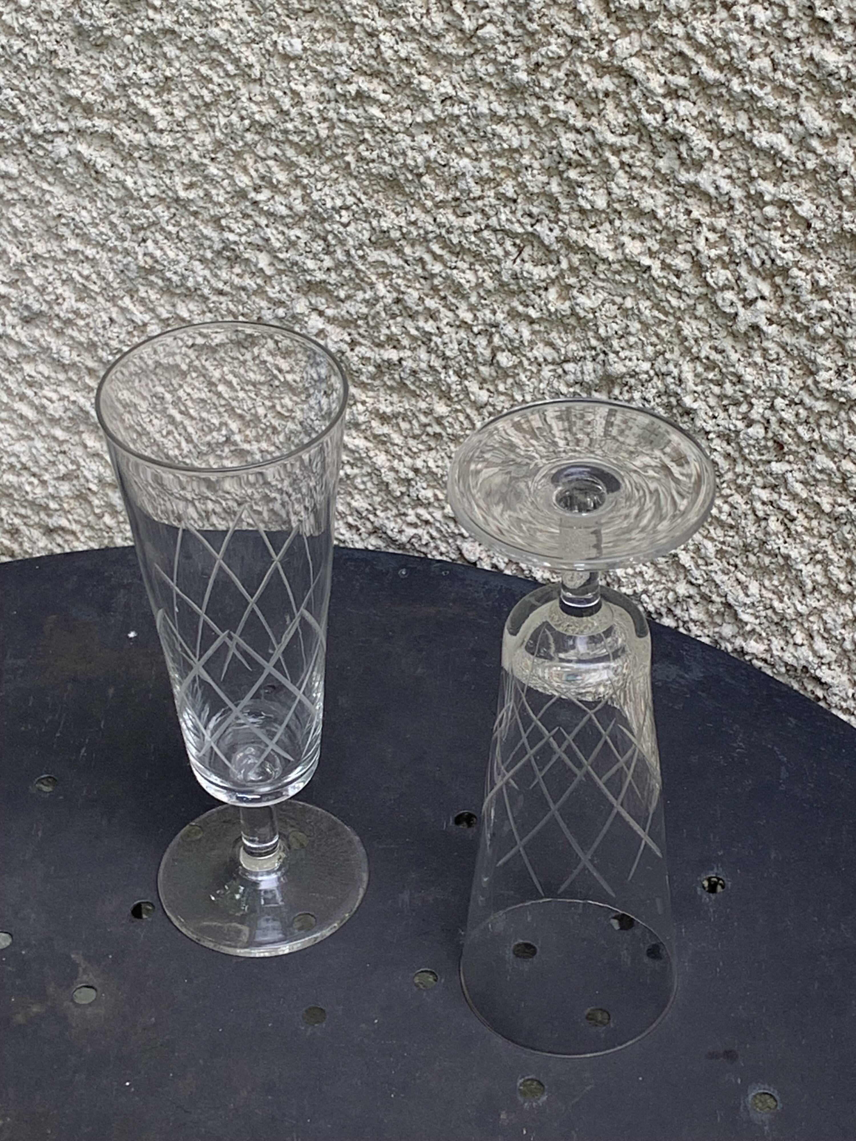 6 vintage clear chiseled crystal and glass champagne flutes