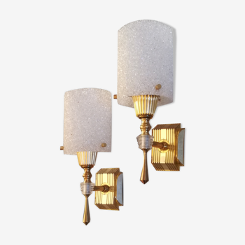 Pair of golden wall lamps in altuglas 1960